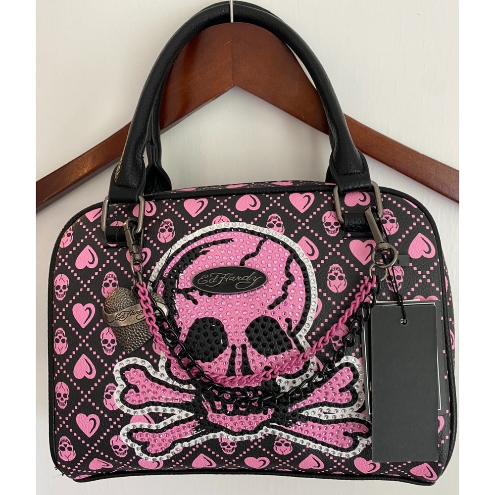 NWT Ed Hardy Satchel Bag Black & Pink Skulls Hearts Rhinestone Skull Crossbones